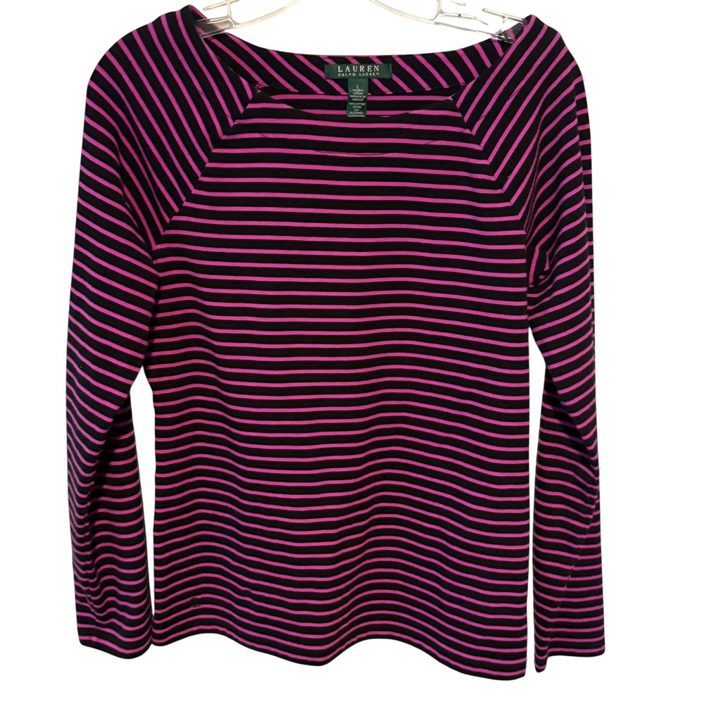 Lauren Ralph Lauren Women's Black and Purple Striped Long Sleeve‎ Tee Size L